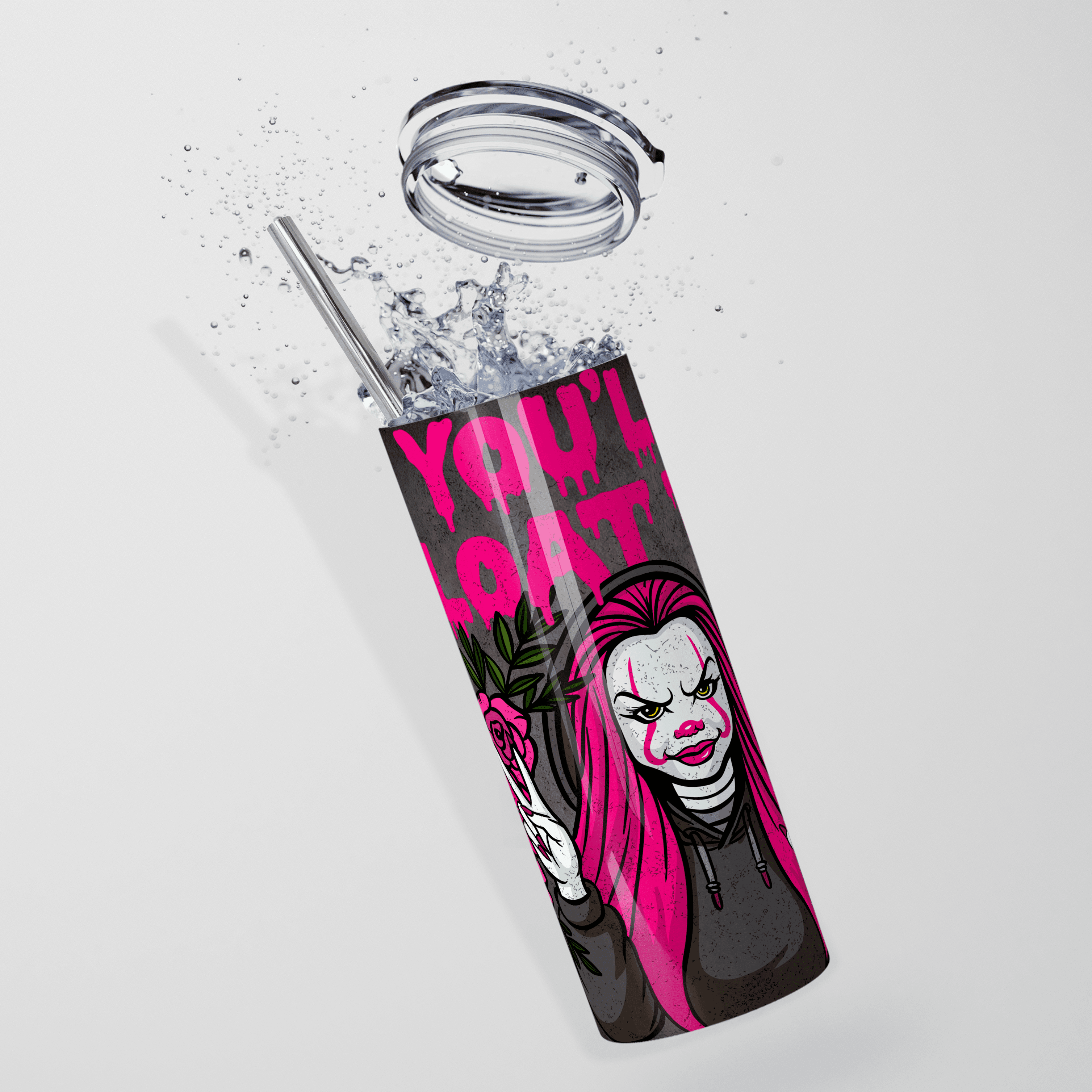 Killer Clowncore Pink Floral Halloween Stainless Steel Tumbler - Image 4