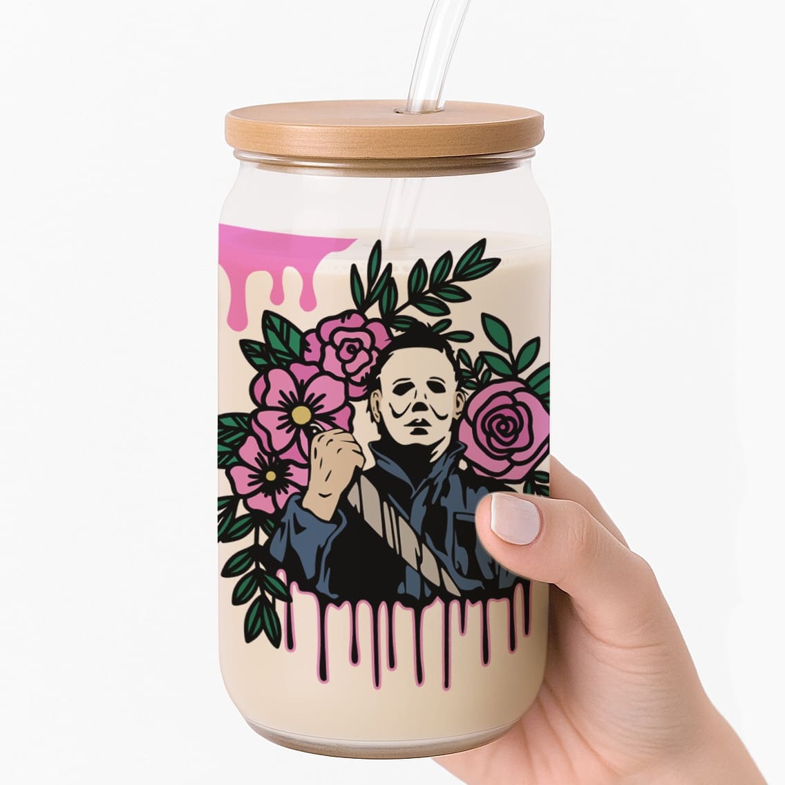 Floral Boogeyman Horror-Inspired Halloween Frosted Glass Cup - Image 4
