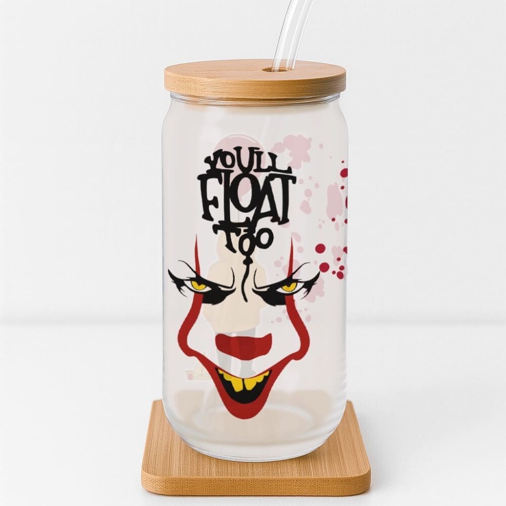 You’ll Float Too Creepy Clown Halloween Frosted Glass Cup