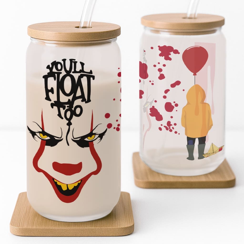 You’ll Float Too Creepy Clown Halloween Frosted Glass Cup - Image 3
